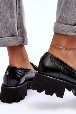 Damskie Skórzane Półbuty Loafersy Z Ozdobą Laura Messi 2699 Czarne