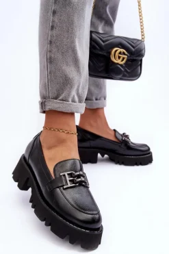 Damskie Skórzane Półbuty Loafersy Z Ozdobą Laura Messi 2699 Czarne