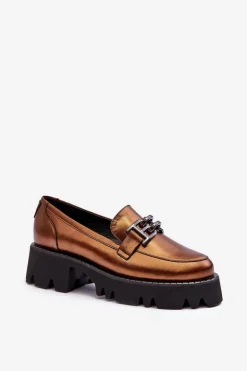 Damskie Skórzane Półbuty Loafersy Z Ozdobą Laura Messi 2699 Złote