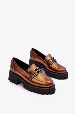 Damskie Skórzane Półbuty Loafersy Z Ozdobą Laura Messi 2699 Złote