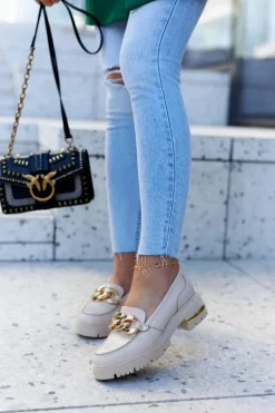 Damskie Skórzane Półbuty Loafery Beżowe Mollie