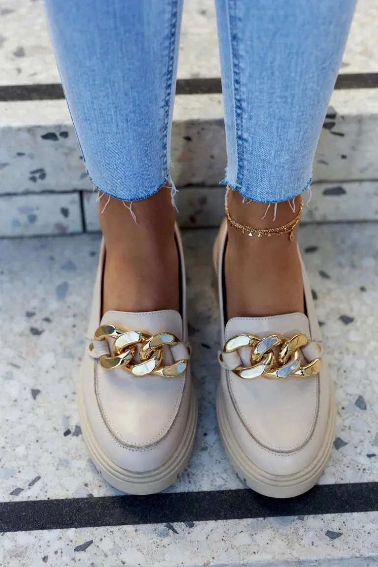 Damskie Skórzane Półbuty Loafery Beżowe Mollie