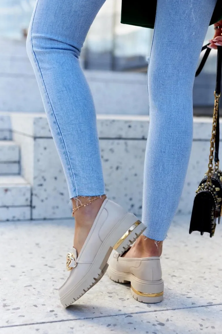 Damskie Skórzane Półbuty Loafery Beżowe Mollie