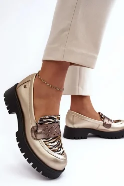 Damskie Skórzane Półbuty Mokasyny Maciejka 06195-25 Złote