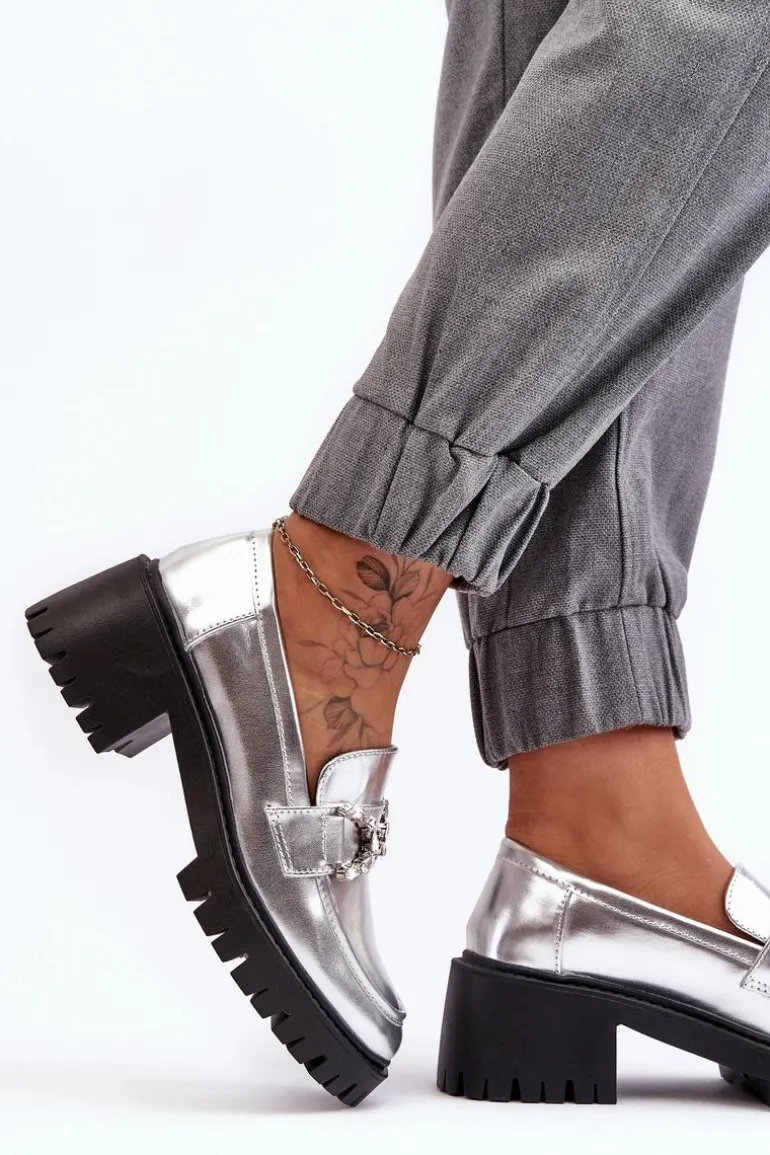 Damskie Skórzane Półbuty Na Masywnym Obcasie Srebrne Lemmitty