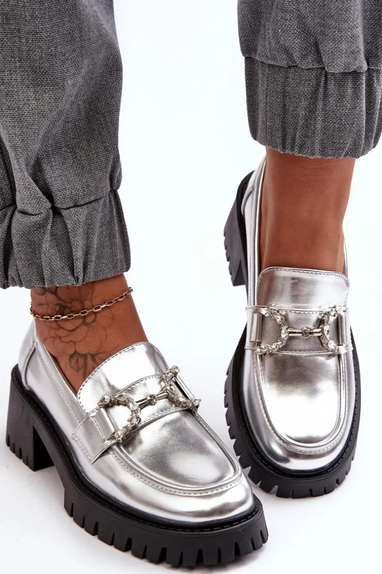 Damskie Skórzane Półbuty Na Masywnym Obcasie Srebrne Lemmitty