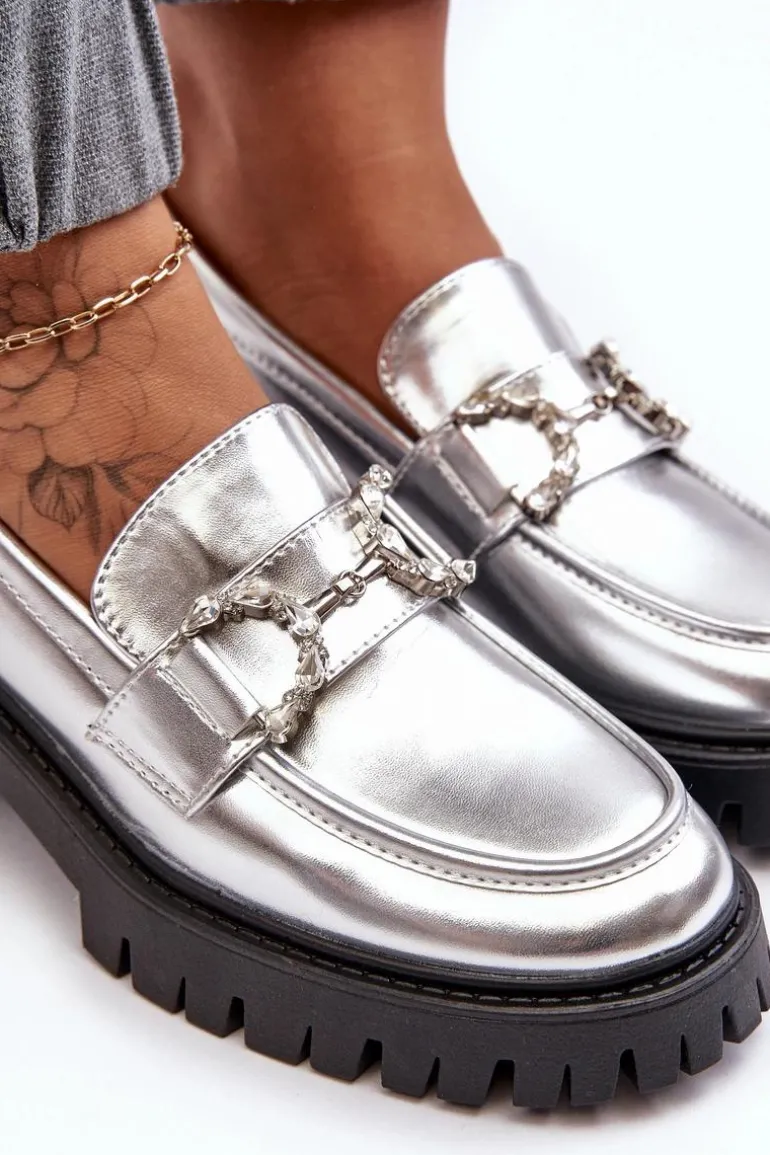 Damskie Skórzane Półbuty Na Masywnym Obcasie Srebrne Lemmitty