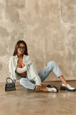 Damskie Skórzane Półbuty Na Masywnym Obcasie Srebrne Lemmitty