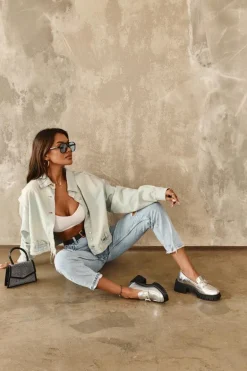 Damskie Skórzane Półbuty Na Masywnym Obcasie Srebrne Lemmitty