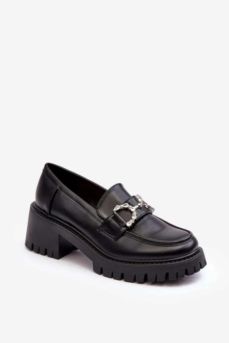 Damskie Skórzane Półbuty Na Masywnym Obcasie Czarne Lemmitty