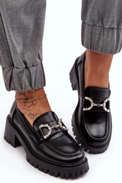 Damskie Skórzane Półbuty Na Masywnym Obcasie Czarne Lemmitty