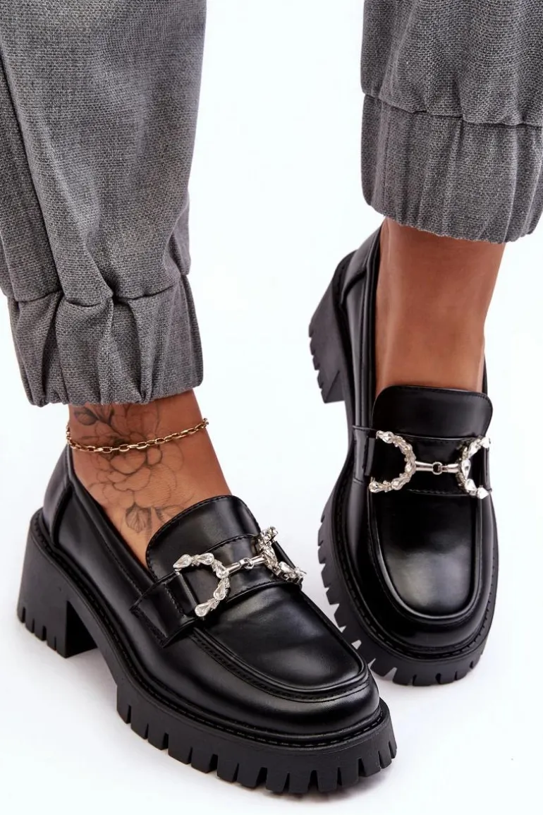 Damskie Skórzane Półbuty Na Masywnym Obcasie Czarne Lemmitty