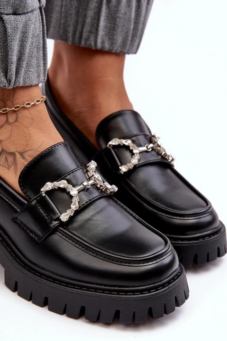 Damskie Skórzane Półbuty Na Masywnym Obcasie Czarne Lemmitty