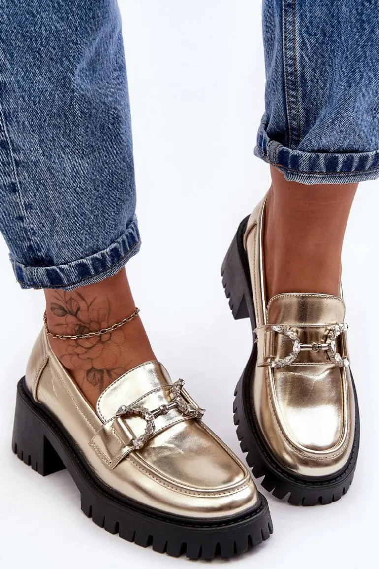 Damskie Skórzane Półbuty Na Masywnym Obcasie Złote Lemmitty