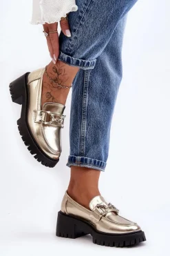 Damskie Skórzane Półbuty Na Masywnym Obcasie Złote Lemmitty