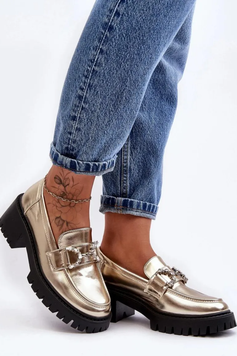 Damskie Skórzane Półbuty Na Masywnym Obcasie Złote Lemmitty