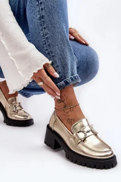 Damskie Skórzane Półbuty Na Masywnym Obcasie Złote Lemmitty