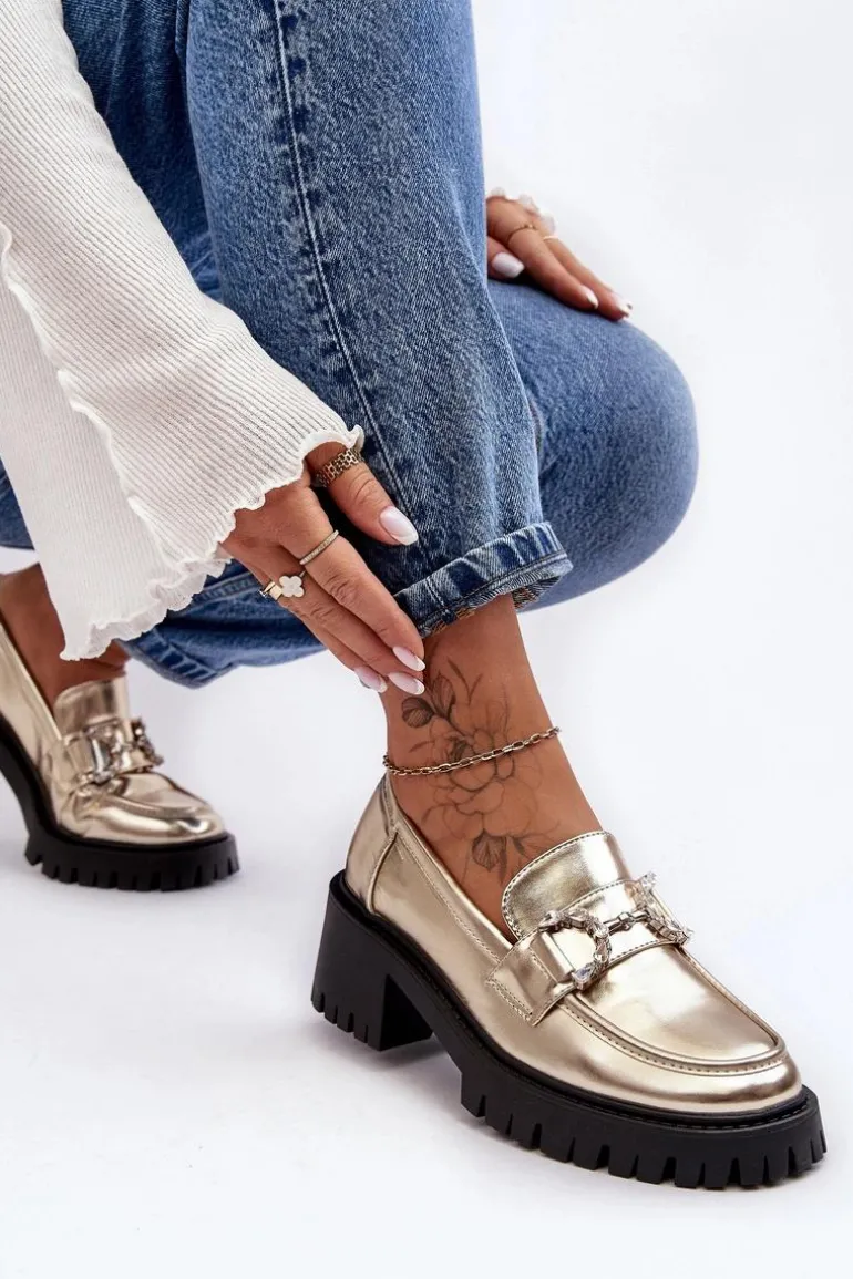 Damskie Skórzane Półbuty Na Masywnym Obcasie Złote Lemmitty