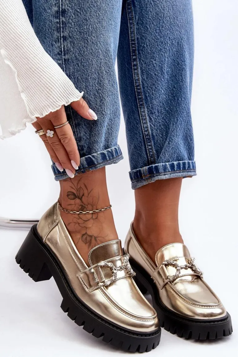 Damskie Skórzane Półbuty Na Masywnym Obcasie Złote Lemmitty