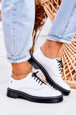 Damskie Skórzane Półbuty Oxfordy Maciejka 04087-11 Białe Lakierowane