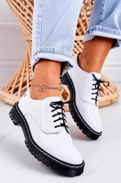 Damskie Skórzane Półbuty Oxfordy Maciejka 04087-11 Białe Lakierowane