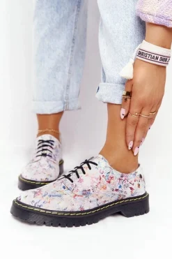 Damskie Skórzane Półbuty Oxfordy Maciejka 04087-38 Białe W Kwiaty