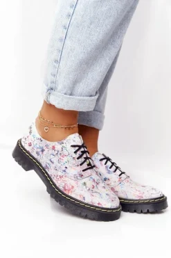 Damskie Skórzane Półbuty Oxfordy Maciejka 04087-38 Białe W Kwiaty