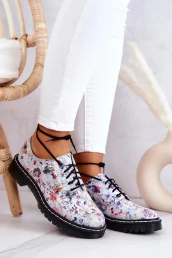 Damskie Skórzane Półbuty Oxfordy Maciejka 4087A-38 Białe W Kwiaty