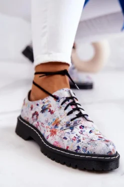 Damskie Skórzane Półbuty Oxfordy Maciejka 4087A-38 Białe W Kwiaty