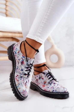 Damskie Skórzane Półbuty Oxfordy Maciejka 4087A-38 Białe W Kwiaty