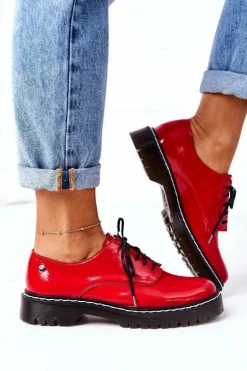 Damskie Skórzane Półbuty Oxfordy Maciejka 04087-08 Czerwone