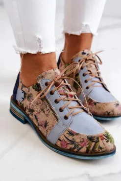 Damskie Skórzane Półbuty W Kwiaty Maciejka 5096A-34 Niebieskie