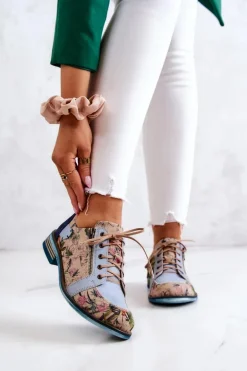 Damskie Skórzane Półbuty W Kwiaty Maciejka 5096A-34 Niebieskie