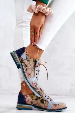 Damskie Skórzane Półbuty W Kwiaty Maciejka 5096A-34 Niebieskie