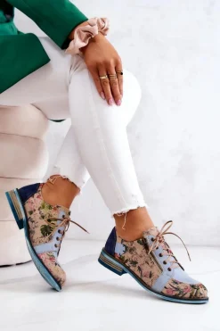 Damskie Skórzane Półbuty W Kwiaty Maciejka 5096A-34 Niebieskie