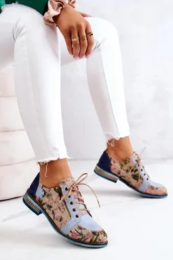 Damskie Skórzane Półbuty W Kwiaty Maciejka 5096A-34 Niebieskie