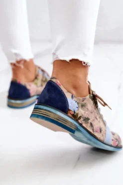 Damskie Skórzane Półbuty W Kwiaty Maciejka 5096A-34 Niebieskie