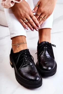 Damskie Skórzane Półbuty Wiązane Czarne Merevin