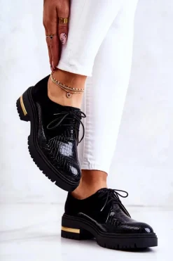 Damskie Skórzane Półbuty Wiązane Czarne Merevin