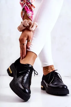 Damskie Skórzane Półbuty Wiązane Czarne Merevin