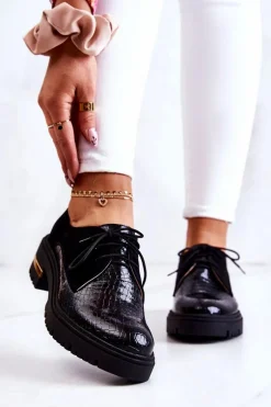 Damskie Skórzane Półbuty Wiązane Czarne Merevin