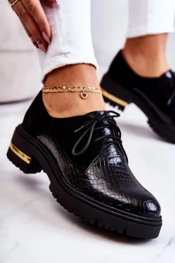 Damskie Skórzane Półbuty Wiązane Czarne Merevin