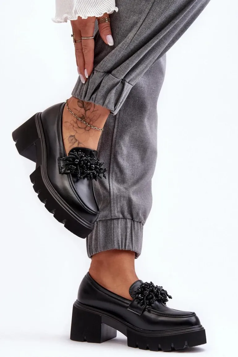 Damskie Skórzane Półbuty Z Ozdobą Czarne Renesma