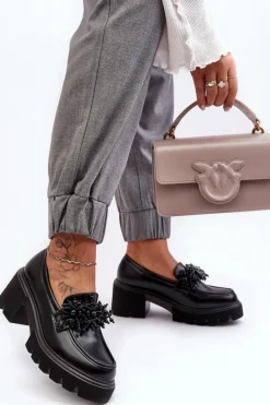 Damskie Skórzane Półbuty Z Ozdobą Czarne Renesma