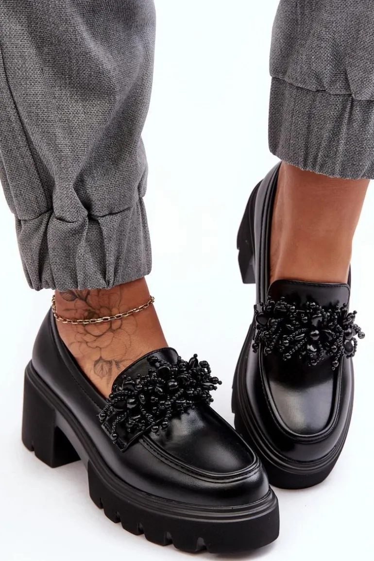 Damskie Skórzane Półbuty Z Ozdobą Czarne Renesma