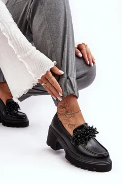 Damskie Skórzane Półbuty Z Ozdobą Czarne Renesma