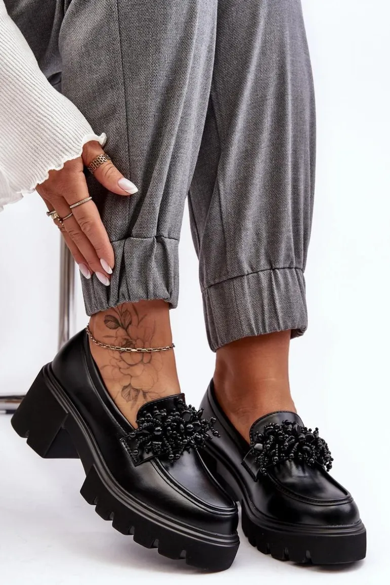 Damskie Skórzane Półbuty Z Ozdobą Czarne Renesma