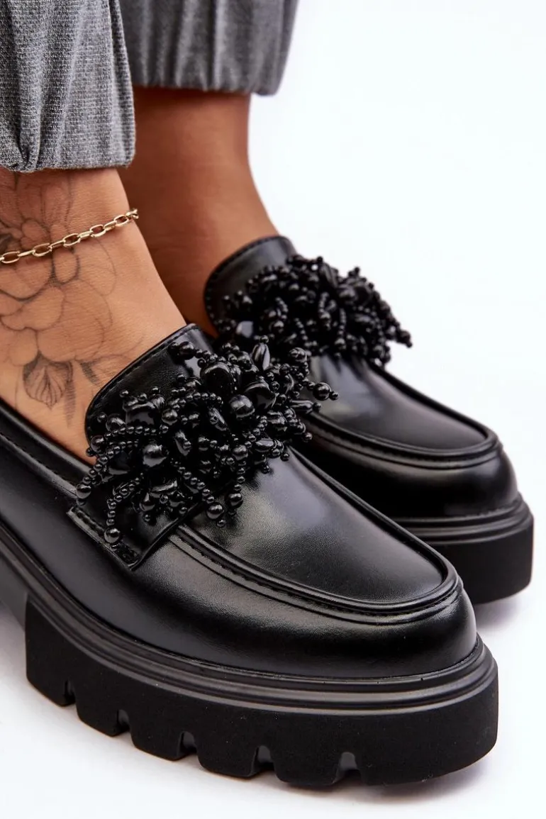 Damskie Skórzane Półbuty Z Ozdobą Czarne Renesma