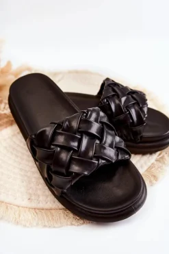 Damskie Skórzane Plecione Klapki Czarne Ravella