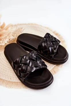 Damskie Skórzane Plecione Klapki Czarne Ravella